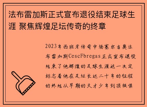 法布雷加斯正式宣布退役结束足球生涯 聚焦辉煌足坛传奇的终章 法布雷加斯正式宣布退役结束足球生涯 聚焦辉煌足坛传奇的终章