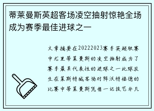 蒂莱曼斯英超客场凌空抽射惊艳全场成为赛季最佳进球之一 蒂莱曼斯英超客场凌空抽射惊艳全场成为赛季最佳进球之一